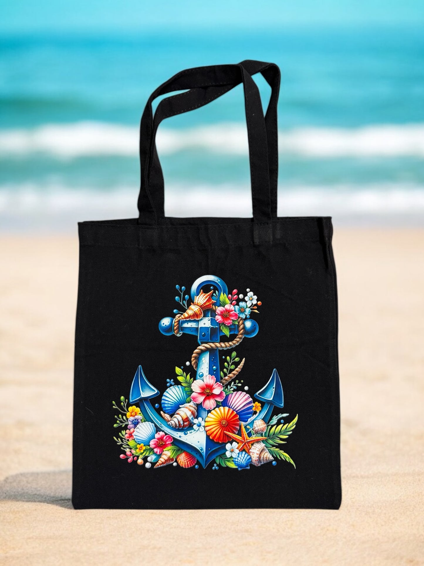 Baumwolle / Canvas Einkaufstasche " Anker mit Muscheln und Blumen "!