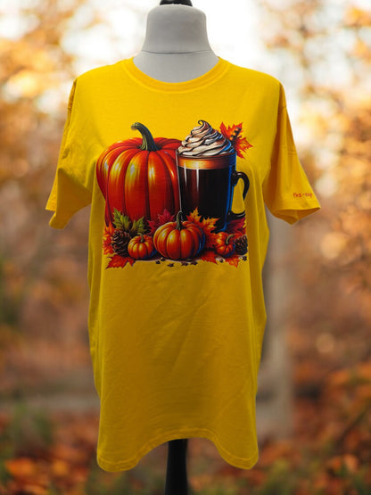 Unisex T-Shirt Kürbis Latte witziges Herbst Kaffee Motiv-Shirt Vorderseite von fks-design
