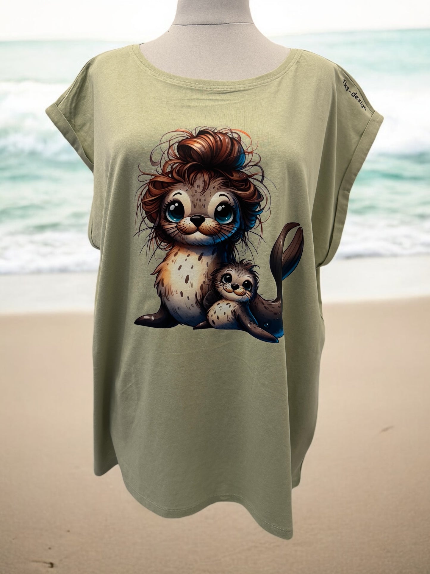 Damen T-Shirt Seelöwe mit Baby Motiv-Shirt Vorderseite von fks-design

