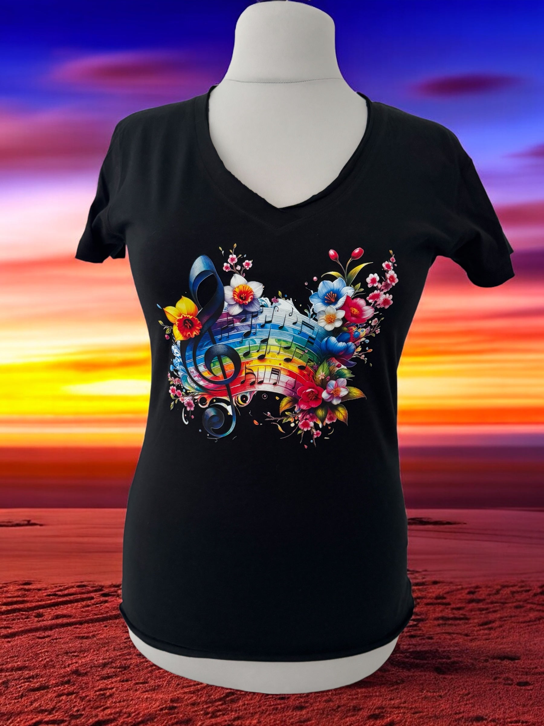 Damen T-Shirt Blumige Noten Musik Blumen Motiv-Shirt Vorderseite von fks-design

