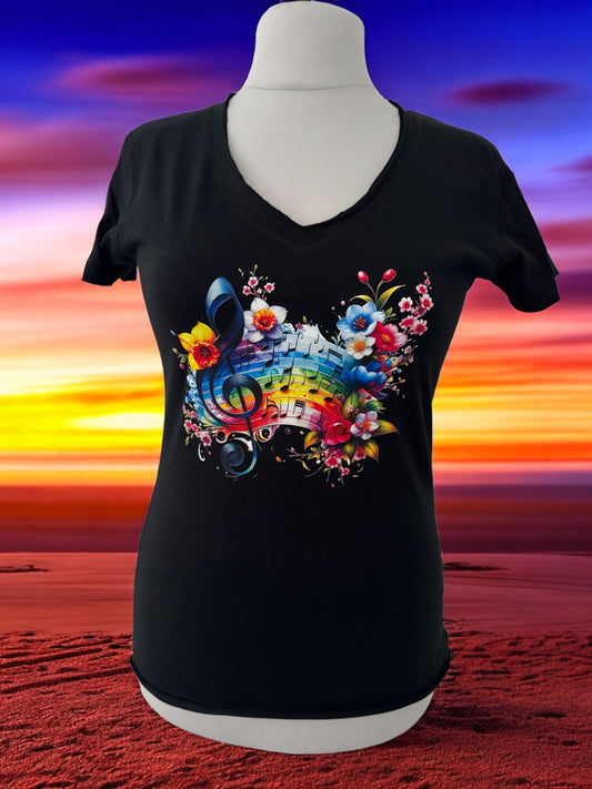 Damen T-Shirt Blumige Noten Musik Blumen Motiv-Shirt Vorderseite von fks-design

