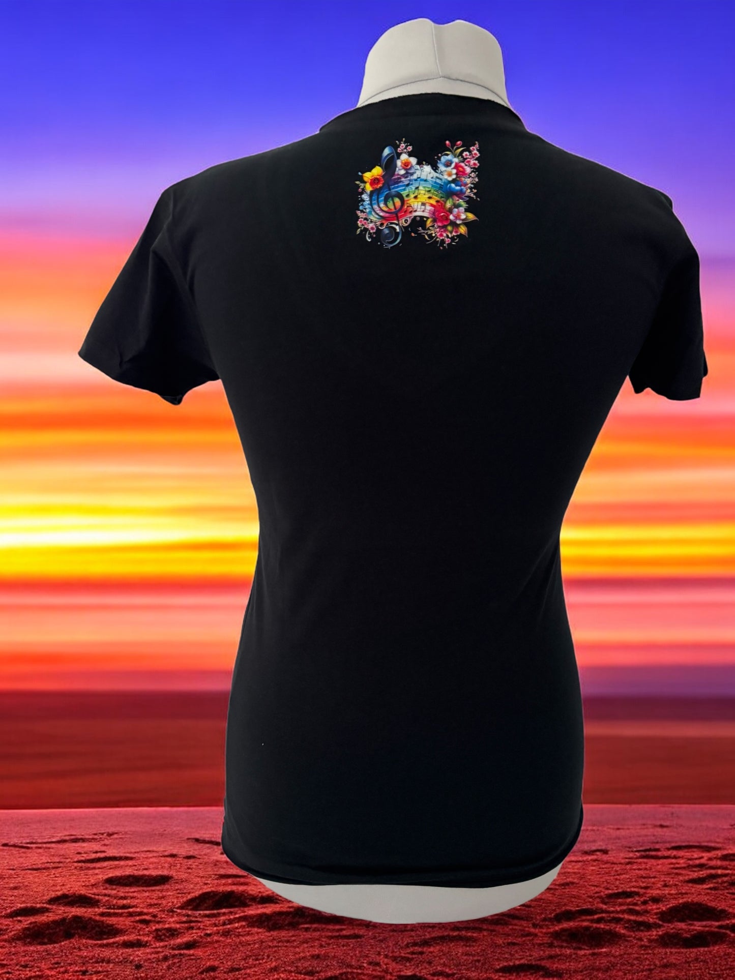 Damen T-Shirt Blumige Noten Musik Blumen Motiv-Shirt Rückseite von fks-design
