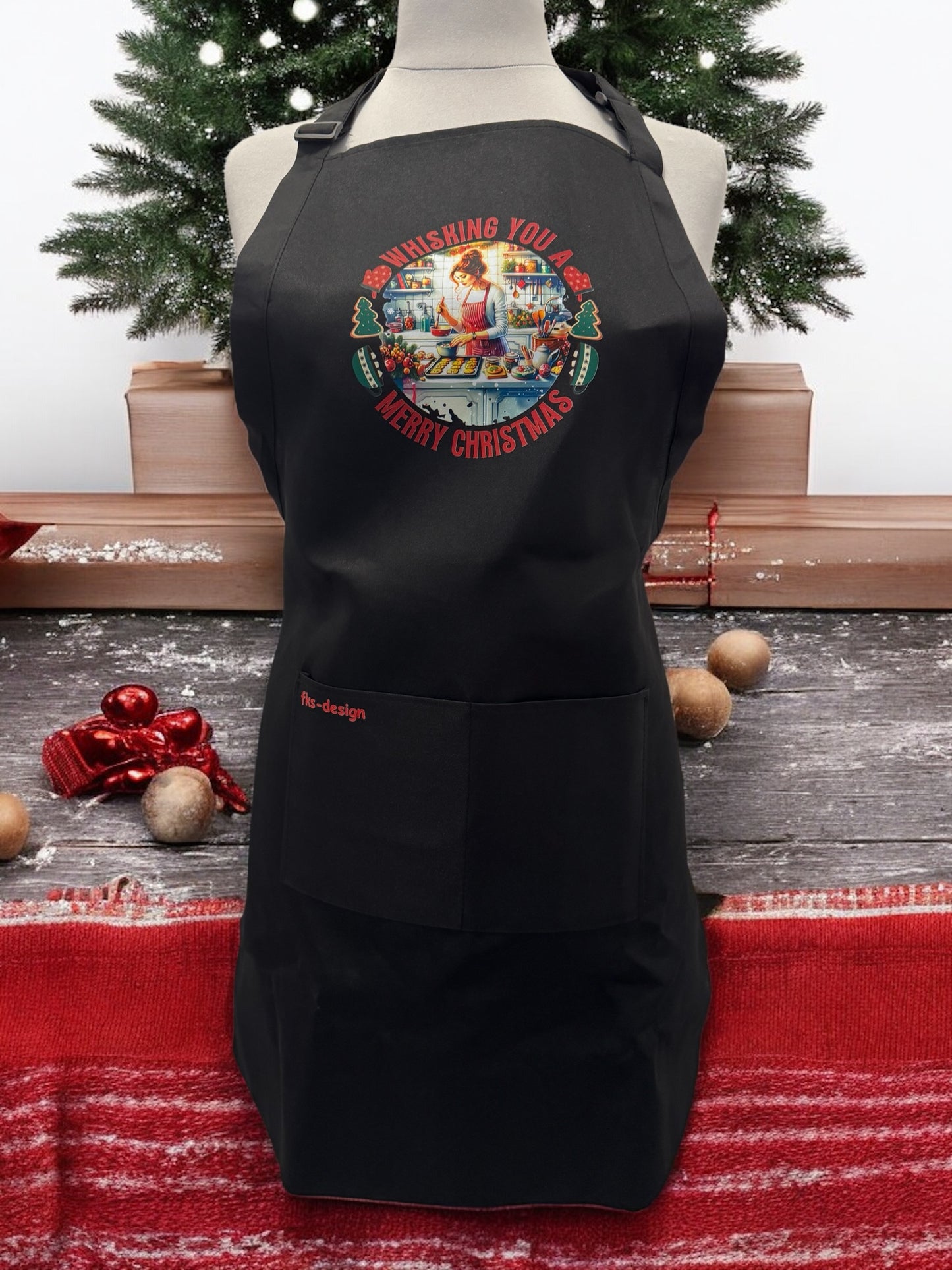 Unisex Grillschürze Weihnachtsbäckerei schwarz mit DTF-Druck Vorderansicht von fks-design
