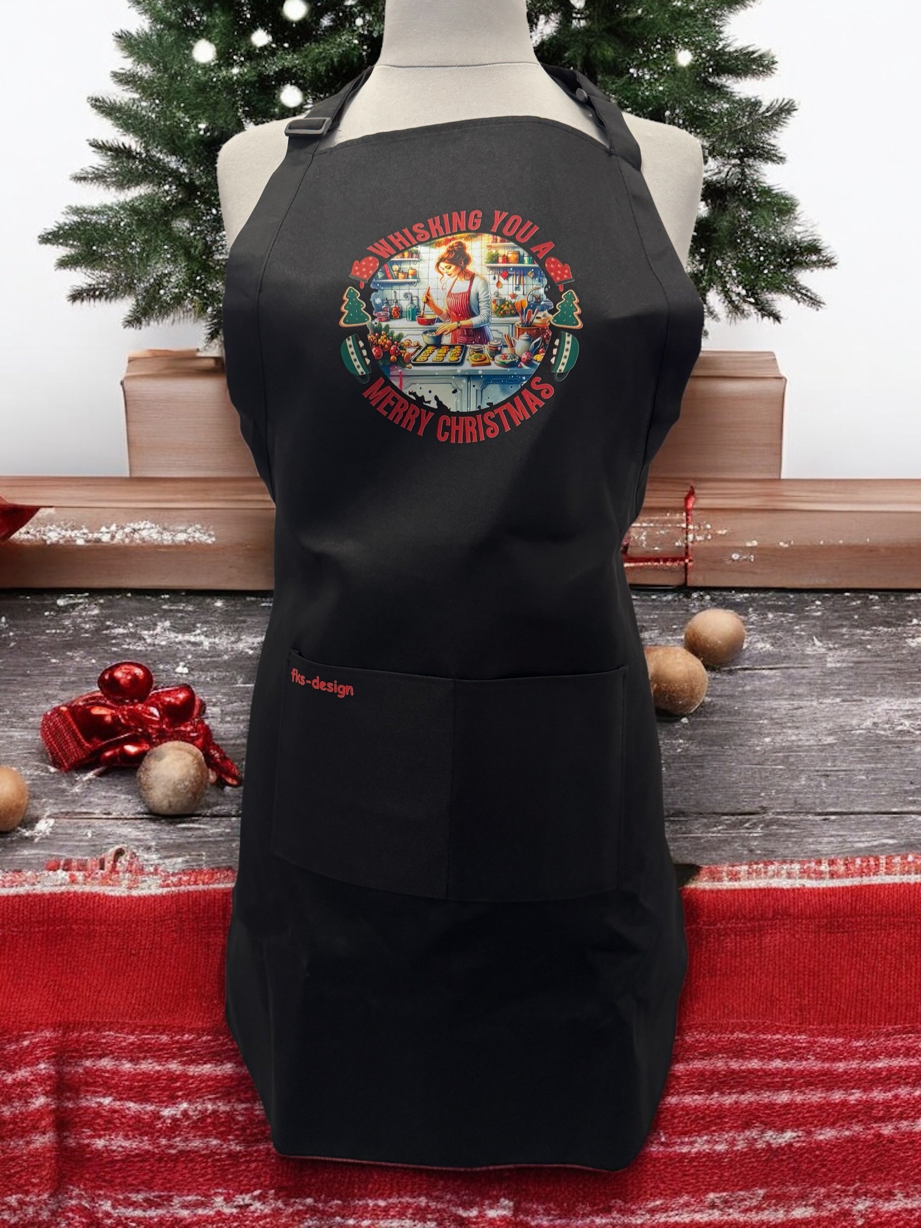 Unisex Grillschürze Weihnachtsbäckerei schwarz mit DTF-Druck Vorderansicht von fks-design
