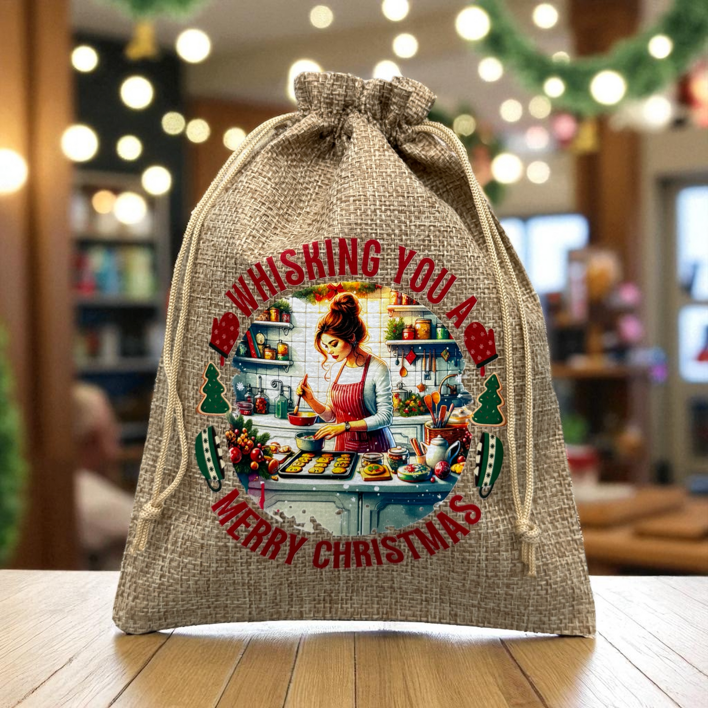 Jute Imitat Beutel " Weihnachtsbäckerei " mit Kordelzug! 14,5 x 19,5 cm!
