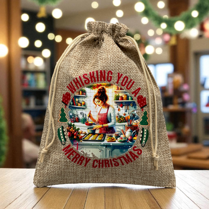 Jute Imitat Beutel " Weihnachtsbäckerei " mit Kordelzug! 14,5 x 19,5 cm!