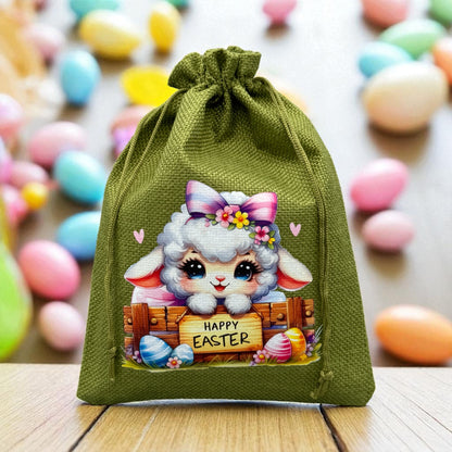 Jutebeutel Happy Easter Lämmchen mit Kordelzug und DTF-Druck 17x22 cm – Oster-Geschenkbeutel von fks-design
