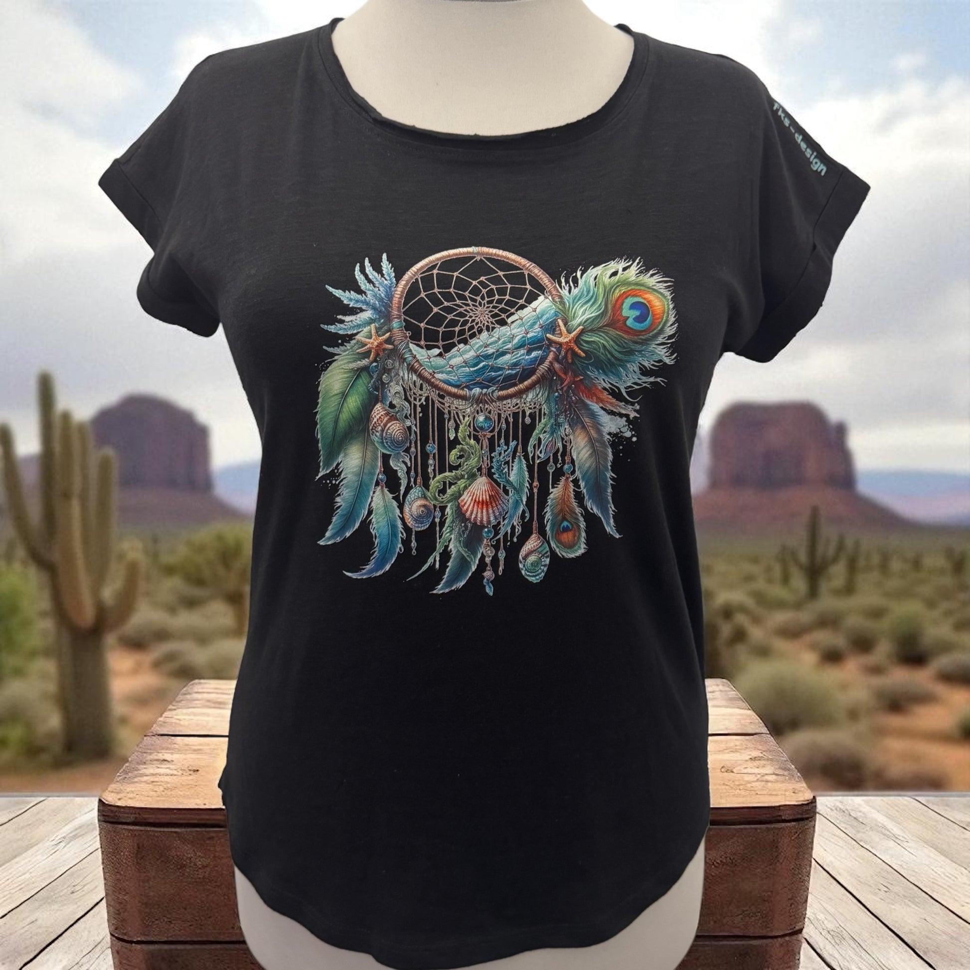 Damen Long Slub Shirt Traumfänger mit Muscheln Boho Motiv-Shirt Vorderseite von fks-design
