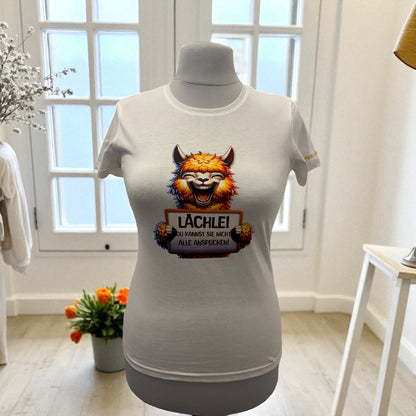 Damen T-Shirt Lächelndes Lama süßes Tier Motiv-Shirt Vorderseite von fks-design

