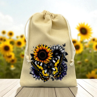 Samtbeutel " Schmetterling auf Sonnenblume "  mit Kordelzug! 10 x 15 cm