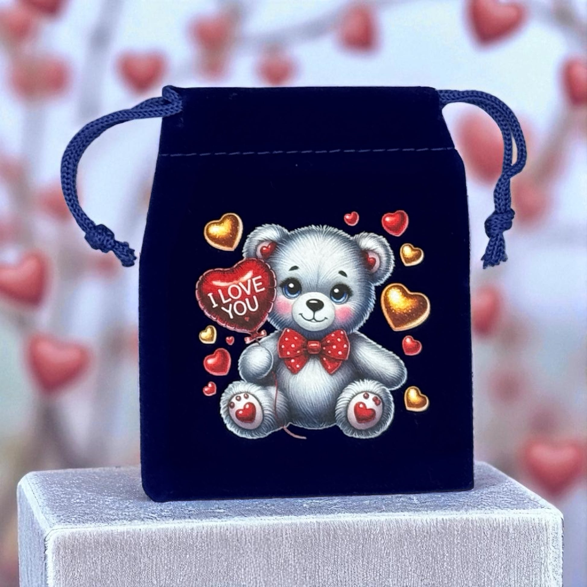 Samtbeutel I Love You Bär mit Kordelzug 7x9 cm von fks-design - liebevoller Geschenkbeutel
