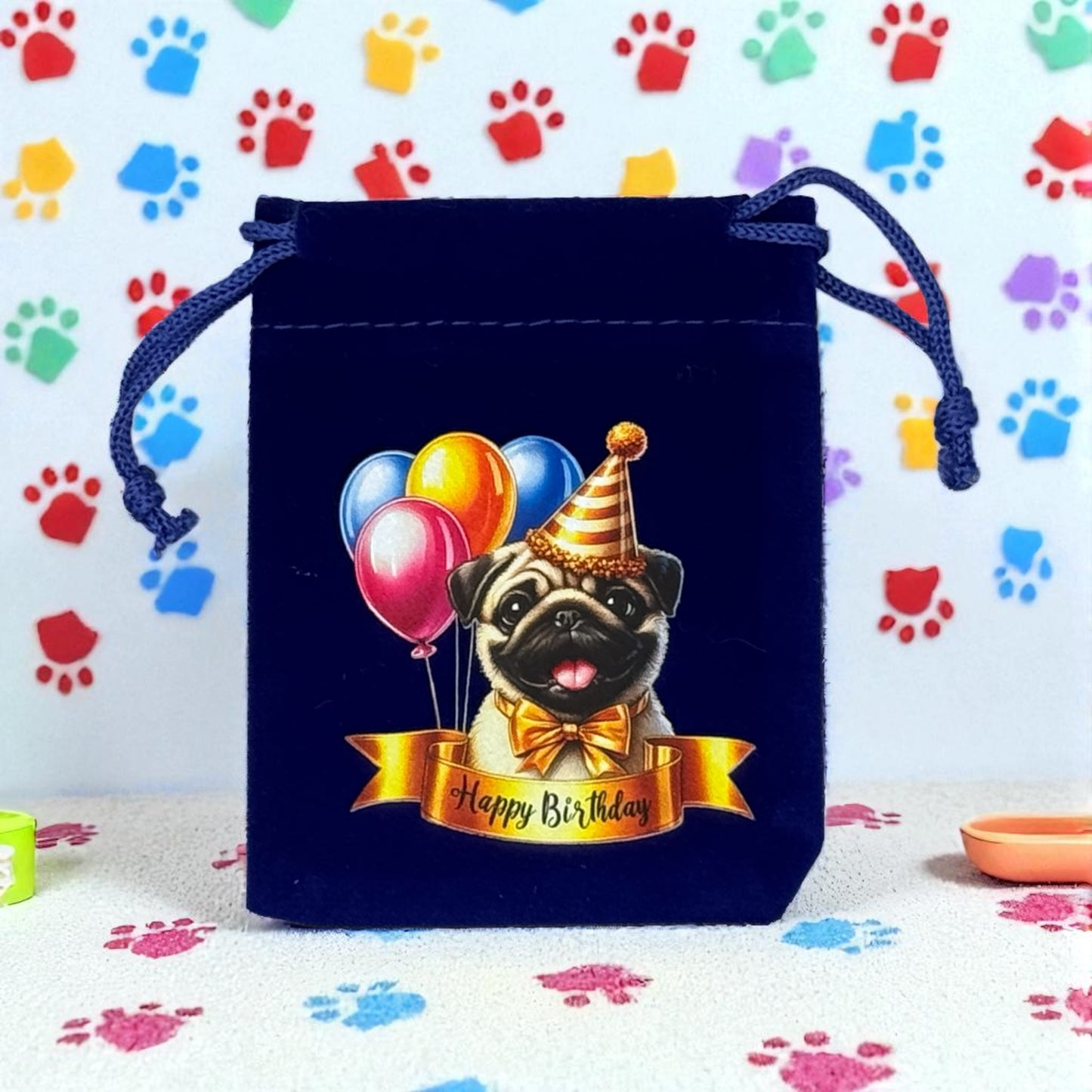Samtbeutel " Happy Birthday Dog " mit Kordelzug! 7 x 9 cm