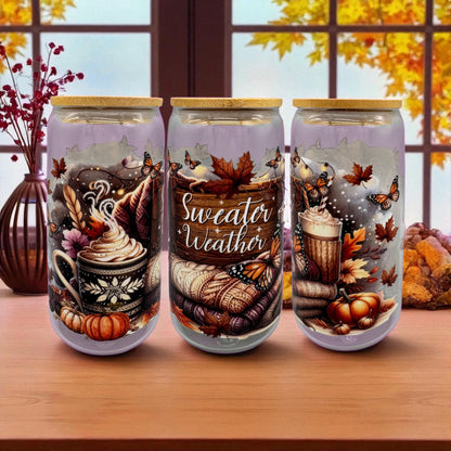 Trinkglas Sweater Weather 550ml mit Bambusdeckel und Trinkhalm UV-DTF Motiv von fks-design
