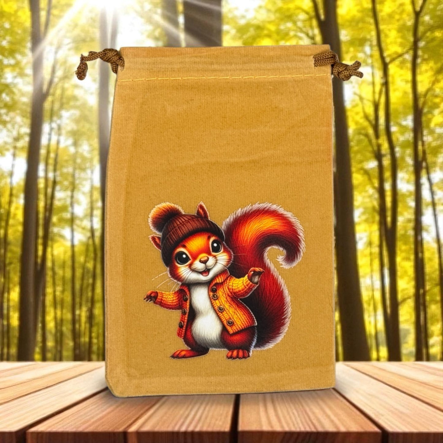 Samtbeutel " Eichhörnchen mit Mütze " mit Kordelzug! 10 x 15 cm
