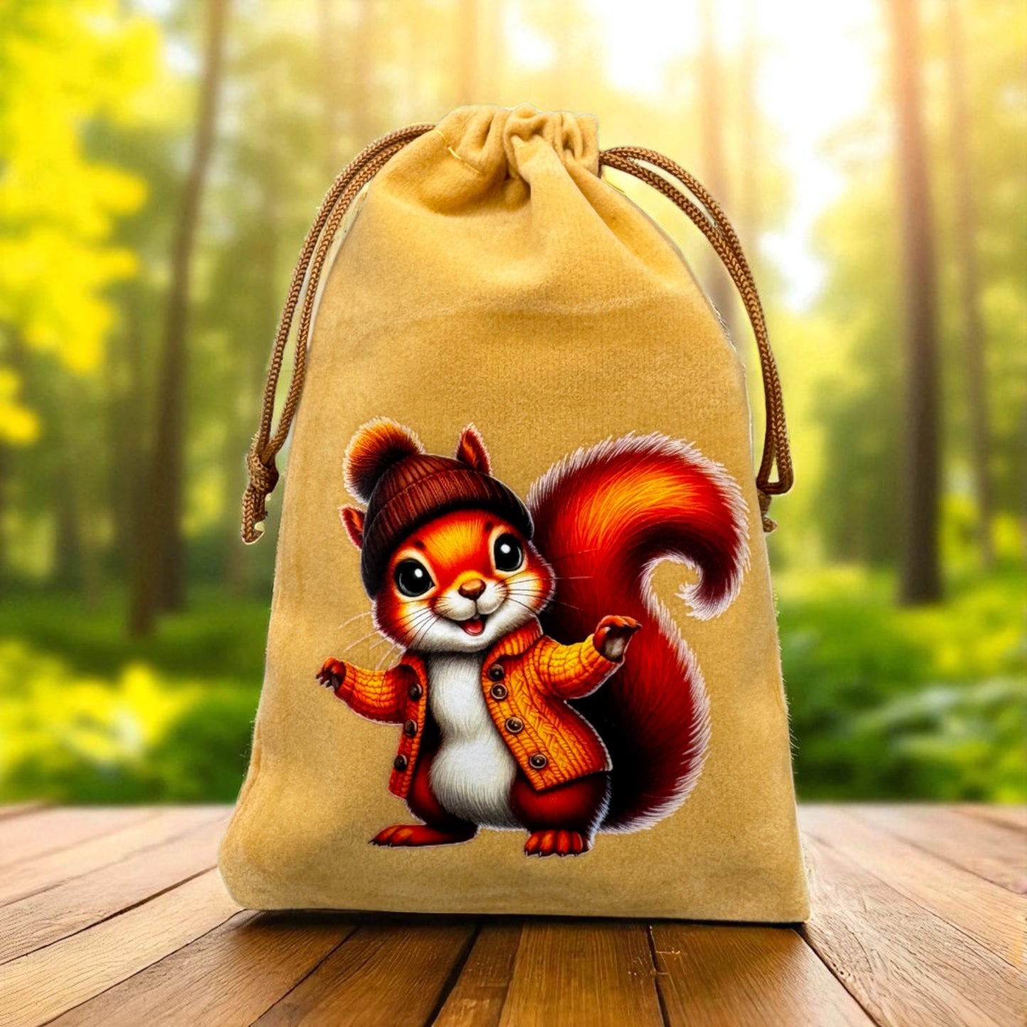 Samtbeutel " Eichhörnchen mit Mütze " mit Kordelzug! 10 x 15 cm