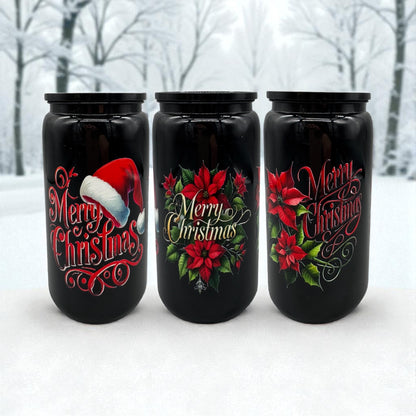 Trinkbecher Merry Christmas 550ml schwarz mit Deckel und Trinkhalm UV-DTF Motiv von fks-design
