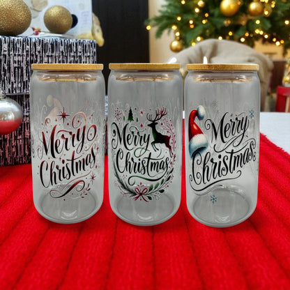 Trinkglas Merry Christmas 550ml mit Bambusdeckel und Trinkhalm UV-DTF Motiv von fks-design
