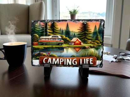Schiefertafel Camping Life - Standfuß Dekoration Outdoor Geschenk - fks-design
