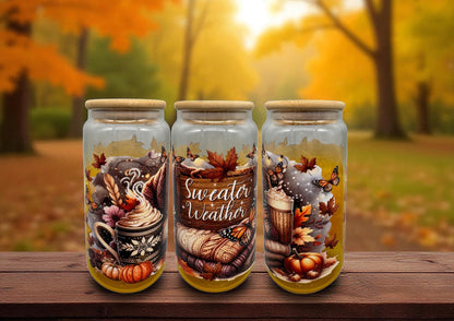 Farbiges Trinkglas Sweater Weather 500ml mit orange-gelbem Farbverlauf Bambusdeckel und Trinkhalm UV-DTF Motiv von fks-design
