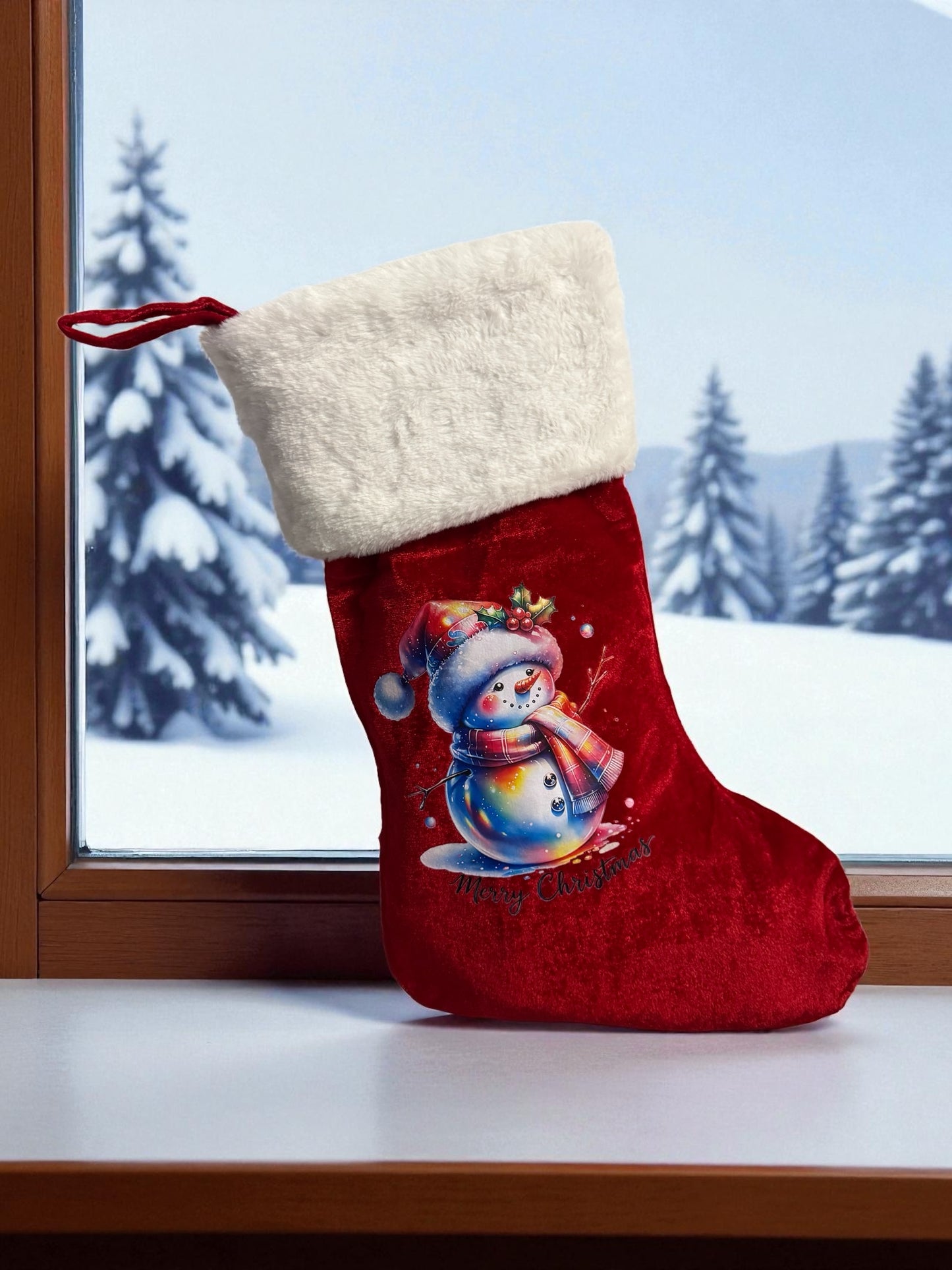 Großer Weihnachtsstrumpf Merry Christmas Schneemann rote Samtoptik mit DTF-Druck Vorderansicht von fks-design

