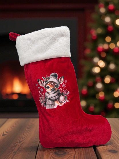 Großer Weihnachtsstrumpf Weihnachts Rehkitz rote Samtoptik mit DTF-Druck Frontansicht von fks-design

