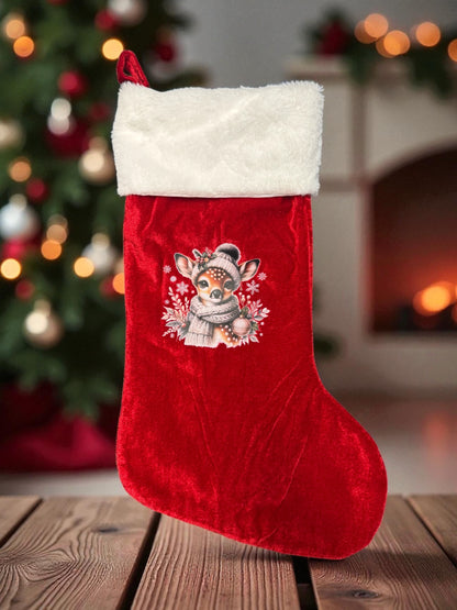 Großer Weihnachtsstrumpf Weihnachts Rehkitz rote Samtoptik mit DTF-Druck Vorderansicht von fks-design

