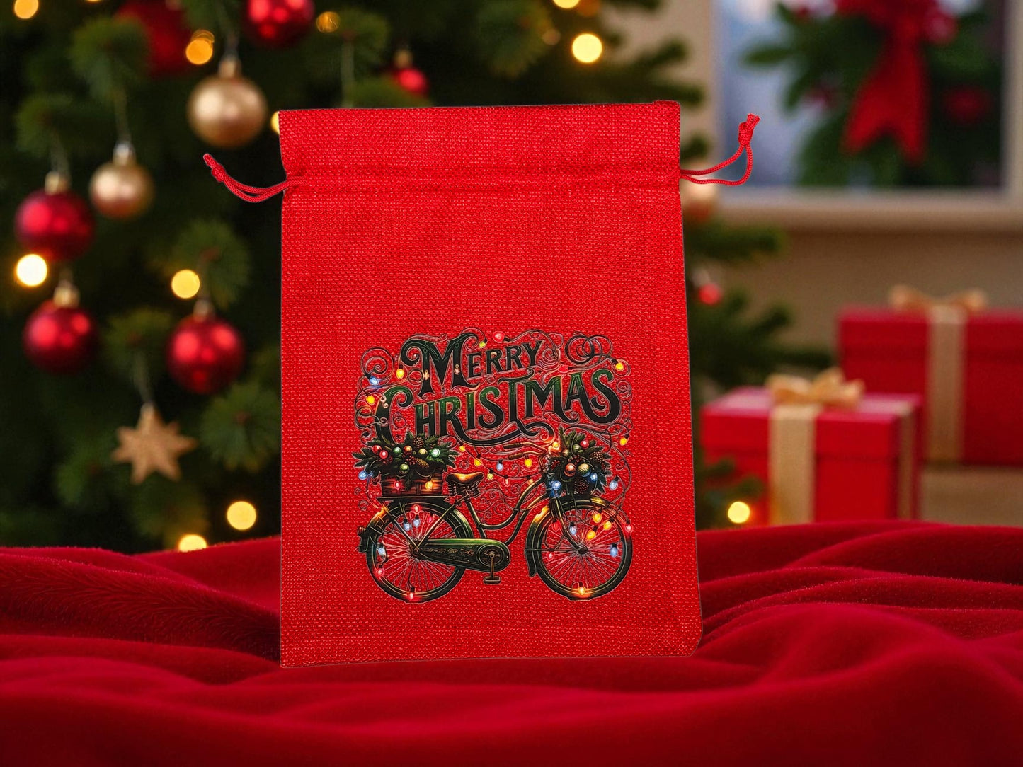 Jutebeutel " Weihnachts Fahrrad " mit Kordelzug! 17 x 22 cm!