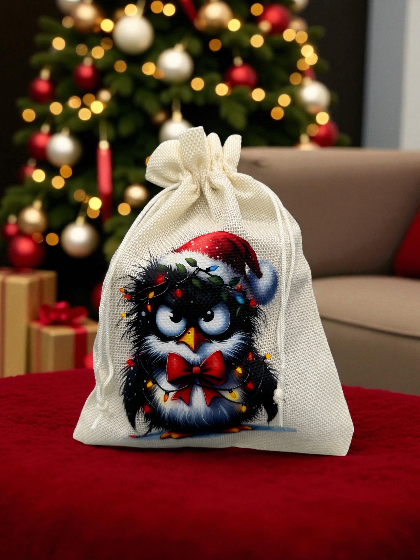 Jutebeutel " Grumpy Weihnachts Pinguin " mit Kordelzug! 17 x 22 cm!