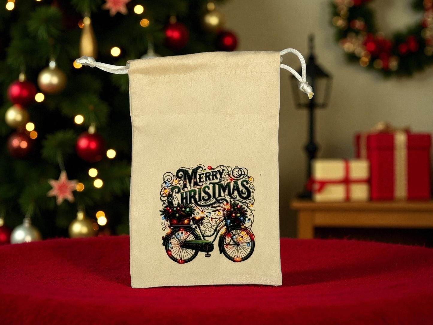 Samtbeutel " Weihnachts Fahrrad " mit Kordelzug! 10 x 15 cm