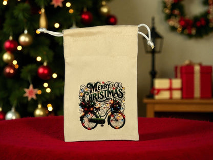 Samtbeutel " Weihnachts Fahrrad " mit Kordelzug! 10 x 15 cm