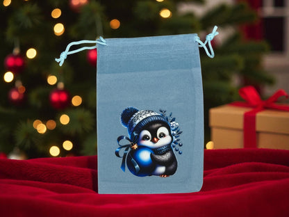 Samtbeutel " Pinguin mit Weihnachtskugel " mit Kordelzug! 10 x 15 cm