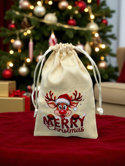 Samtbeutel " Merry Christmas Rudi " mit Kordelzug! 10 x 15 cm