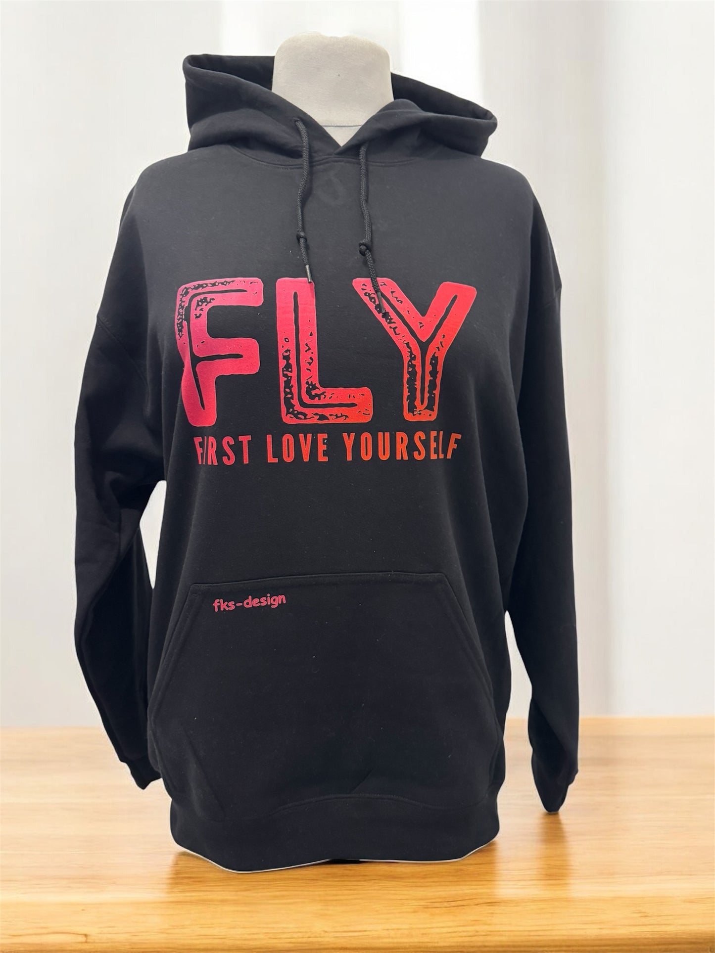 Unisex Hoodie FLY First Love Yourself Gr. L schwarz mit DTF-Druck Vorderansicht von fks-design
