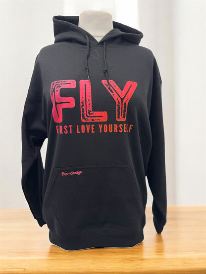 Unisex Hoodie FLY First Love Yourself Gr. L schwarz mit DTF-Druck Vorderansicht von fks-design
