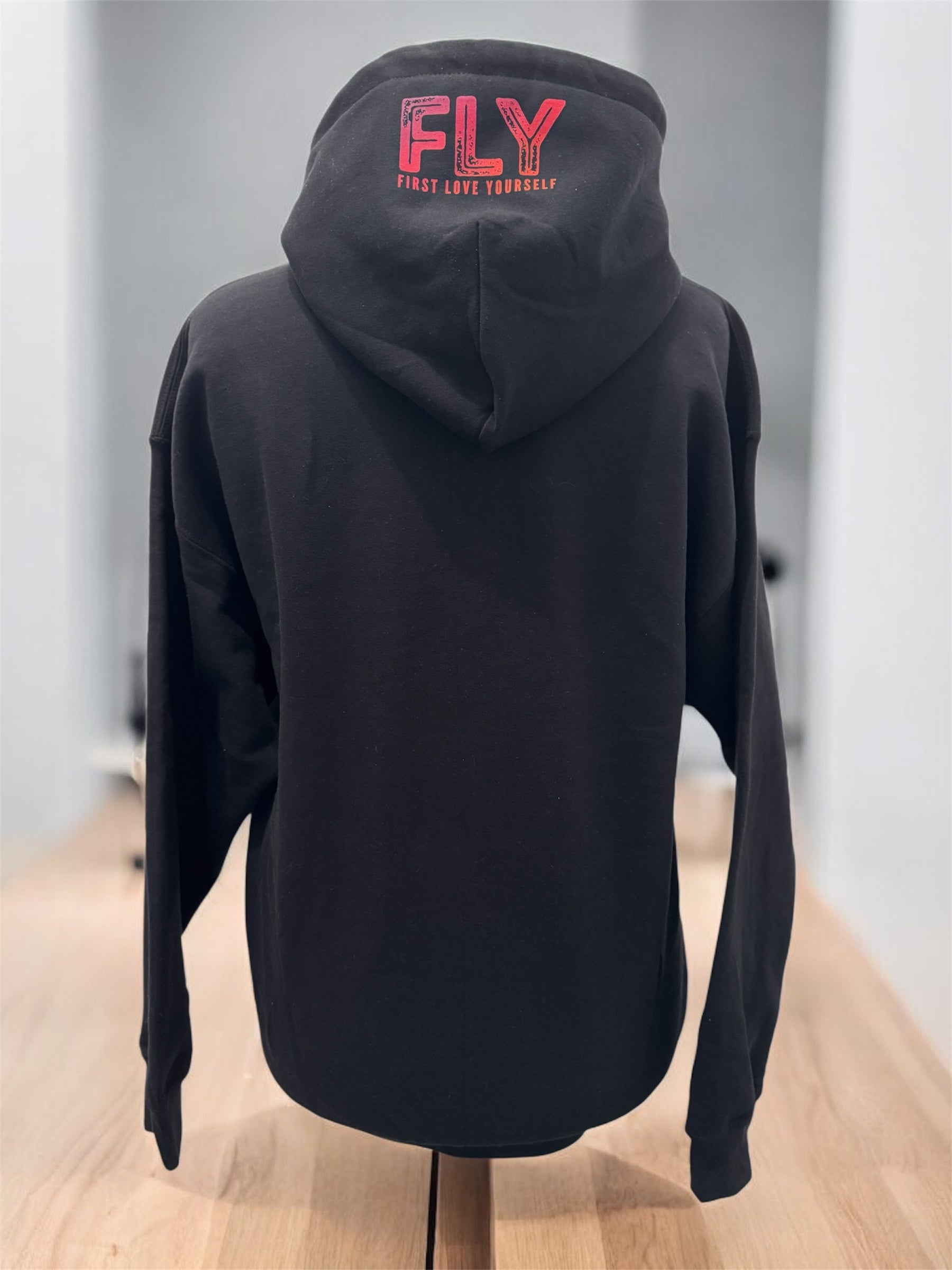 Unisex Hoodie FLY First Love Yourself Gr. L schwarz mit DTF-Druck Detailansicht von fks-design
