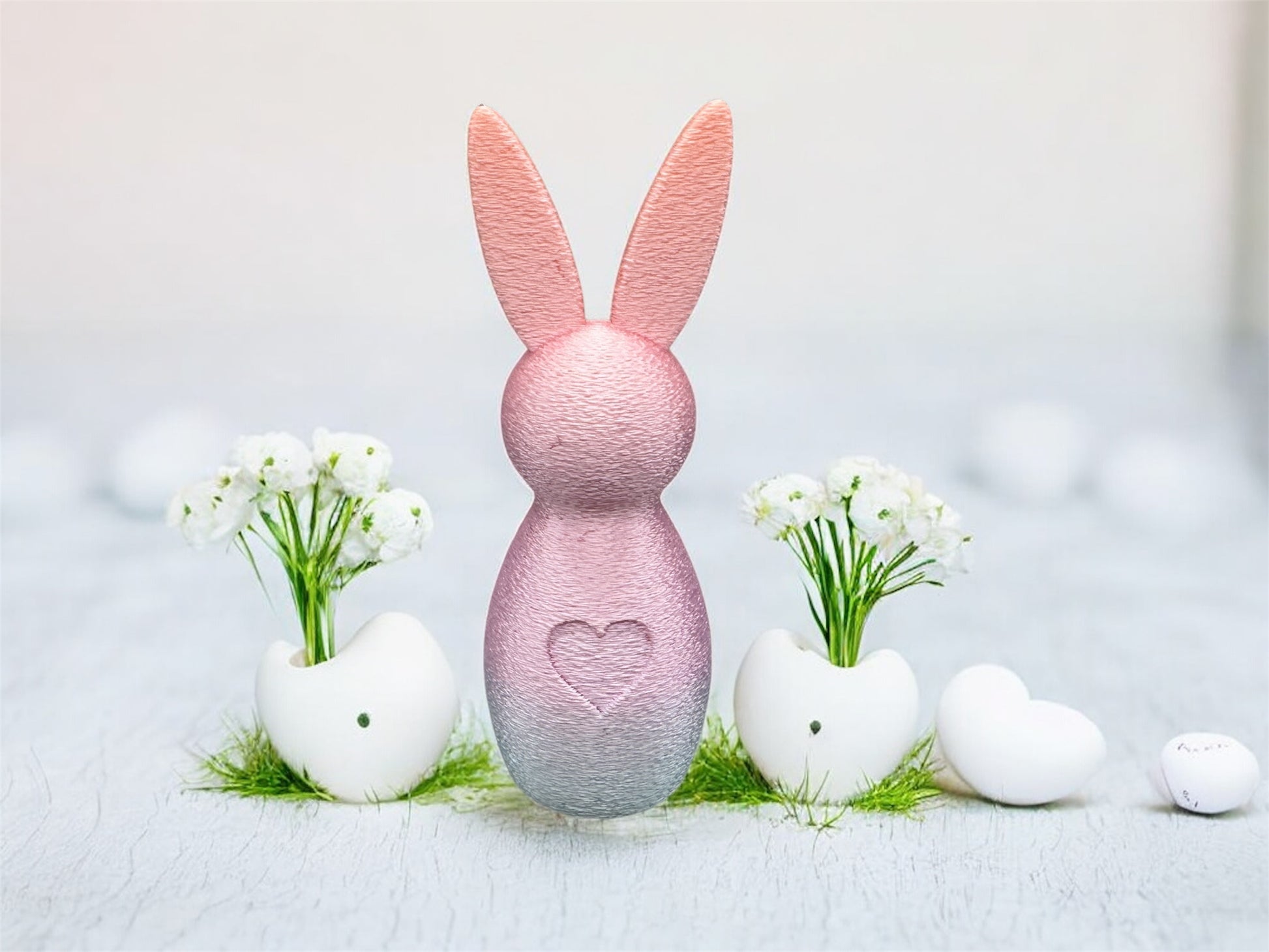 3D Druck Hase mit Herz Variante Farbverlauf rosa blau – Silk PLA Osterdeko von fks-design
