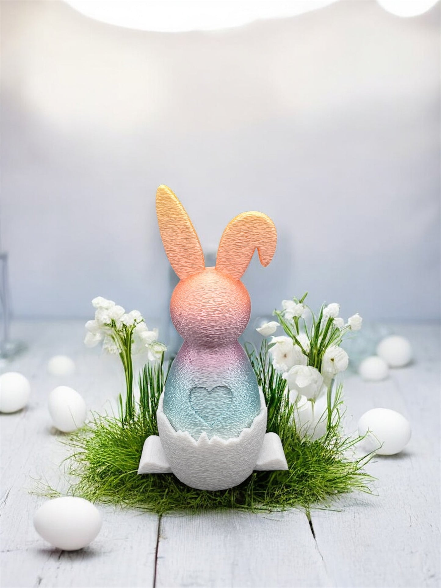 3D Druck Hase in der Eierschale mit knickenden Ohren und Herz – Osterdeko von fks-design
