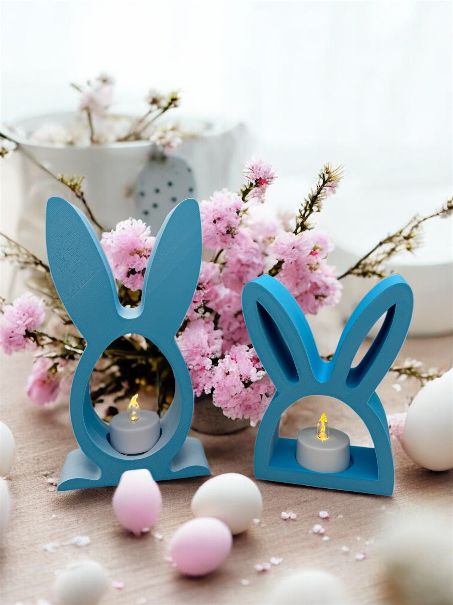 3D Druck LED Teelichthalter Set Hasen Silhouette in Blau-Weiß – 2er Set groß und klein von fks-design
