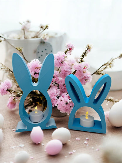 3D Druck LED Teelichthalter Set Hasen Silhouette in Blau-Weiß – 2er Set groß und klein von fks-design

