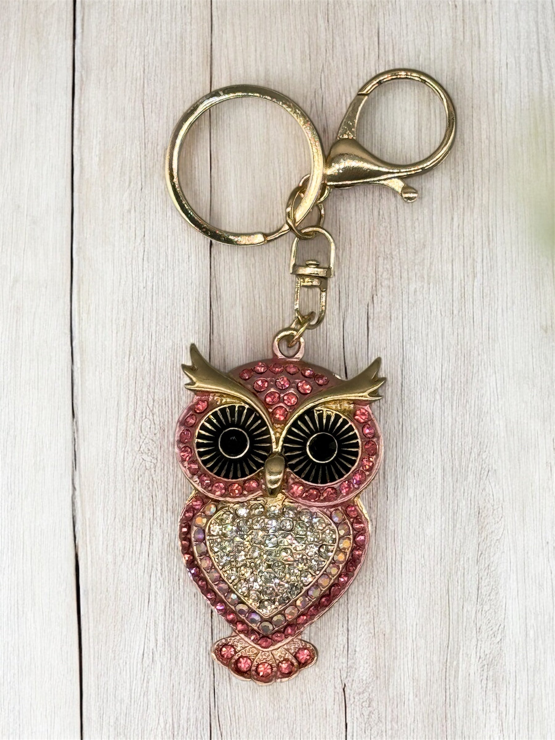 Metall Schlüsselanhänger Strass Eule mit Kristallsteinen rosa gold schwarz von fks-design
