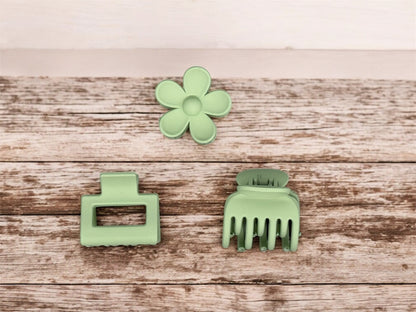 3er Set Soft Touch Haarklammern – Farbe Grün, rechteckige, Blumen- und Krallen-Klammer von fks-design

