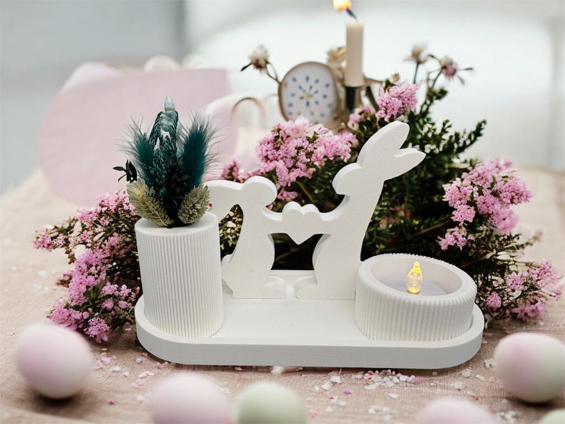 3D Druck Deko-Set Hasenliebe in Weiß mit Tablett, Vase, LED-Teelichthalter und Hasenpaar – Osterdeko von fks-design
