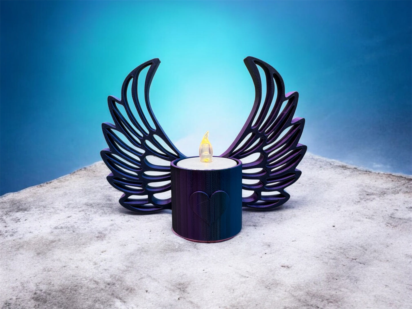 LED Teelichthalter Engelsflügel von fks-design - 3D Druck Schwarz-Lila-Blau Gedenkdeko
