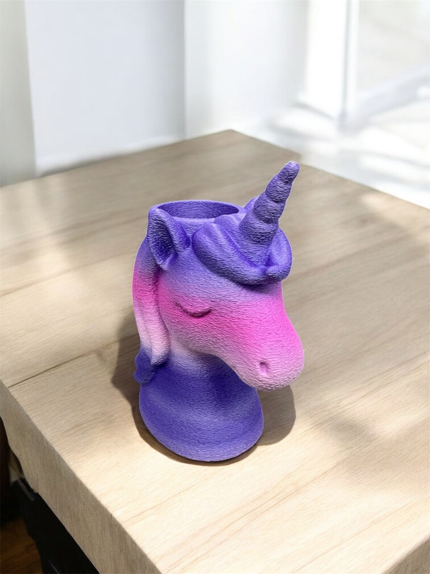 Stiftehalter Einhorn 3D-Druck Silk-PLA Pastell Lila-Pink-Rosa Vorderansicht von fks-design
