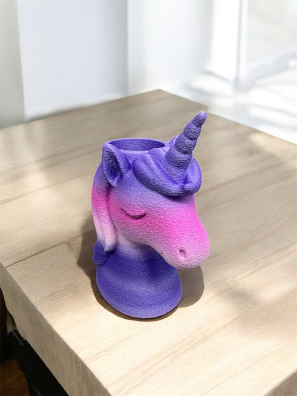 Stiftehalter Einhorn 3D-Druck Silk-PLA Pastell Lila-Pink-Rosa Vorderansicht von fks-design
