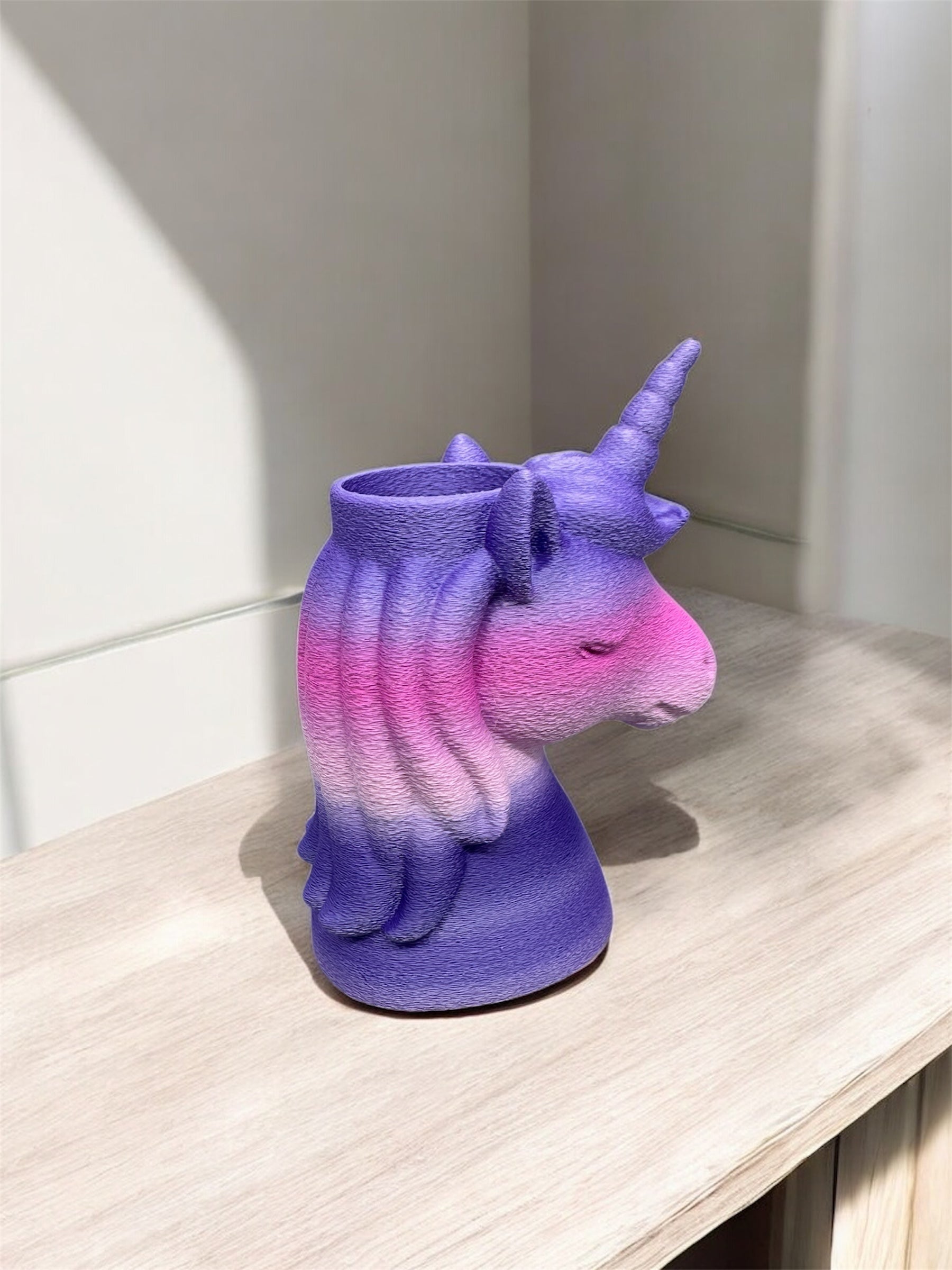 Stiftehalter Einhorn 3D-Druck Silk-PLA Pastell Lila-Pink-Rosa Seitenansicht von fks-design

