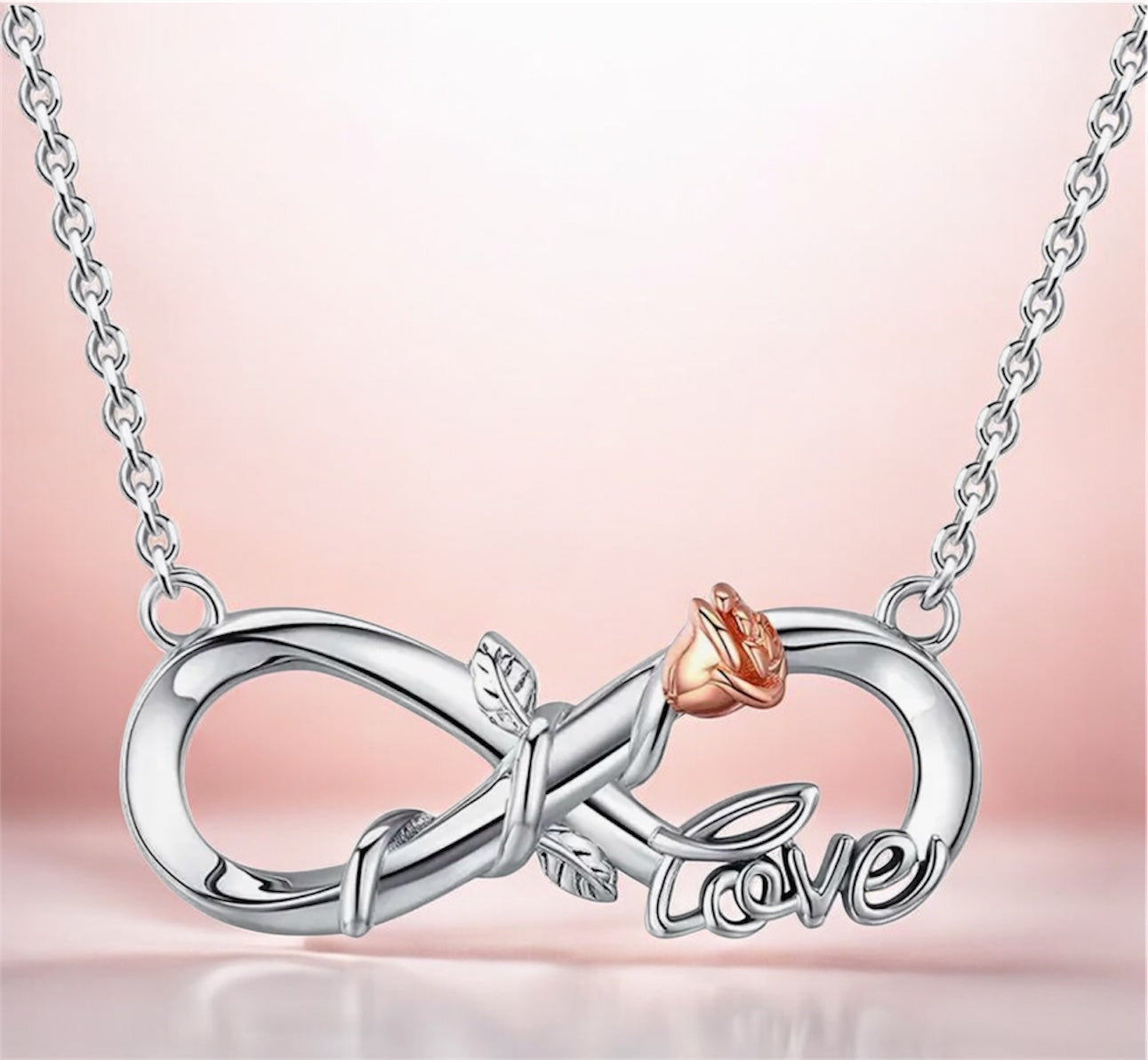 925er Silber Halskette Unendliche Liebe – Infinity-Zeichen mit Rose und Love-Schriftzug, teilvergoldet in Roségold von fks-design
