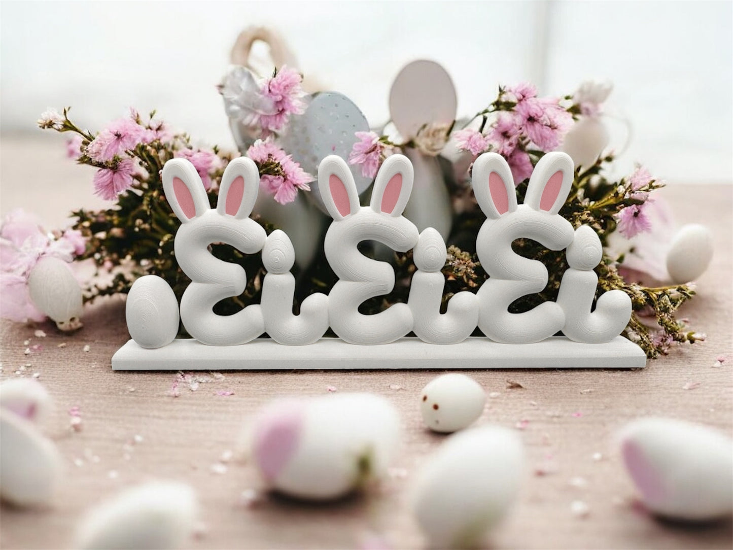 3D Druck Aufsteller Schriftzug EiEiEi in Weiß und Rosa mit Hasenohren – Osterdeko von fks-design
