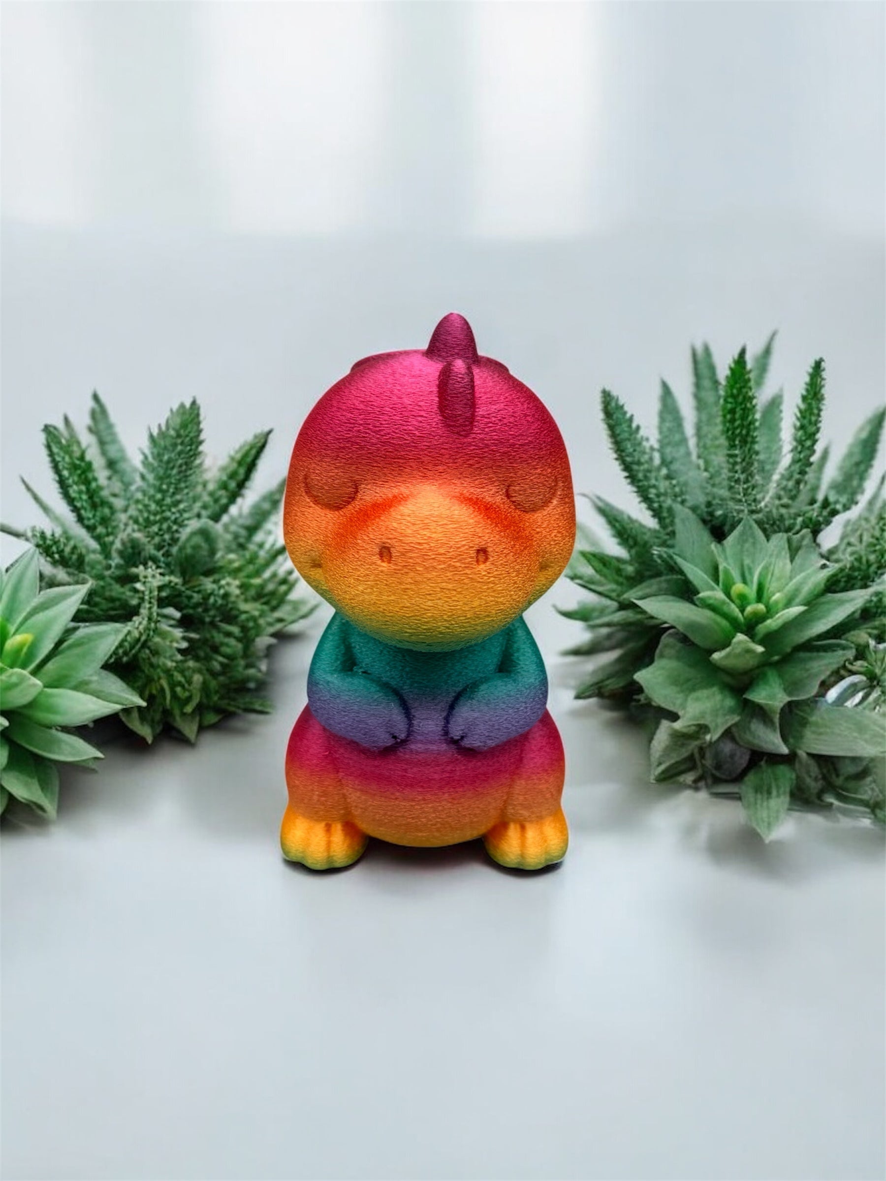 Stiftehalter Dino 3D-Druck Silk-PLA Regenbogen-Farbverlauf Vorderansicht von fks-design
