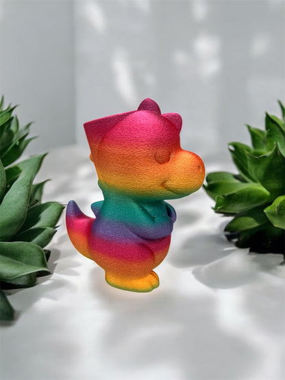 Stiftehalter Dino 3D-Druck Silk-PLA Regenbogen-Farbverlauf Seitenansicht von fks-design
